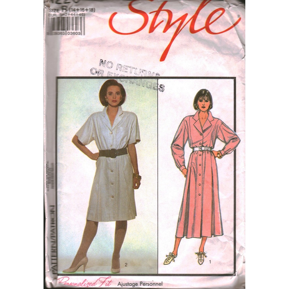 Style 1220 Sewing Pattern Misses Button Front Dress Size 14 CUT Vintage 80s